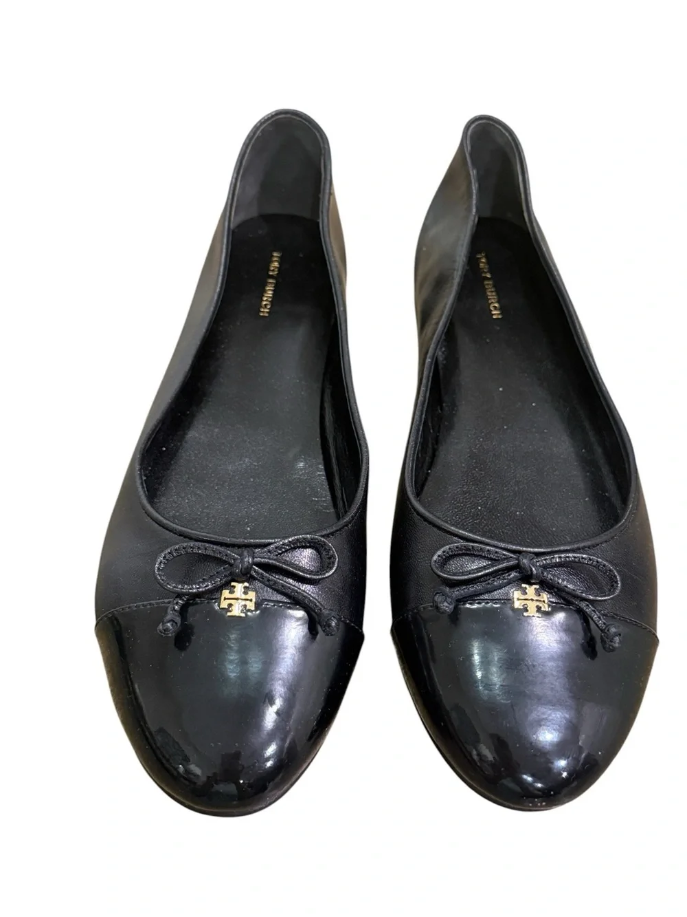 Tory BurchCap Toe Bow Gold Logo Ballet Flats Womens Sz 10 M Perfect Black $275